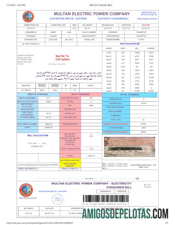para download PAQUISTÃO MULTAN ENERGIA ELÉTRICA Conta de serviços públicos modelo Word e PDF, versão 2